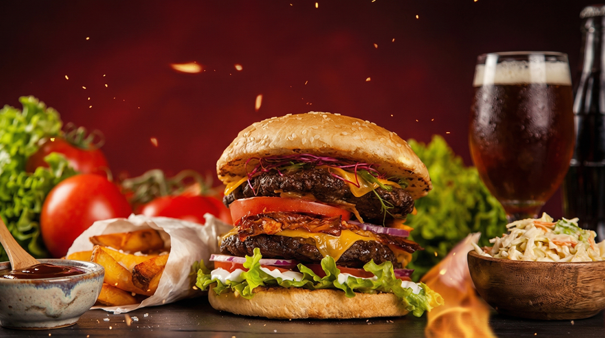 Tisch mit Burger und Pommes