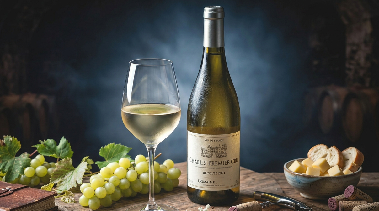 Flasche Weißwein mit Trauben auf einem Tisch