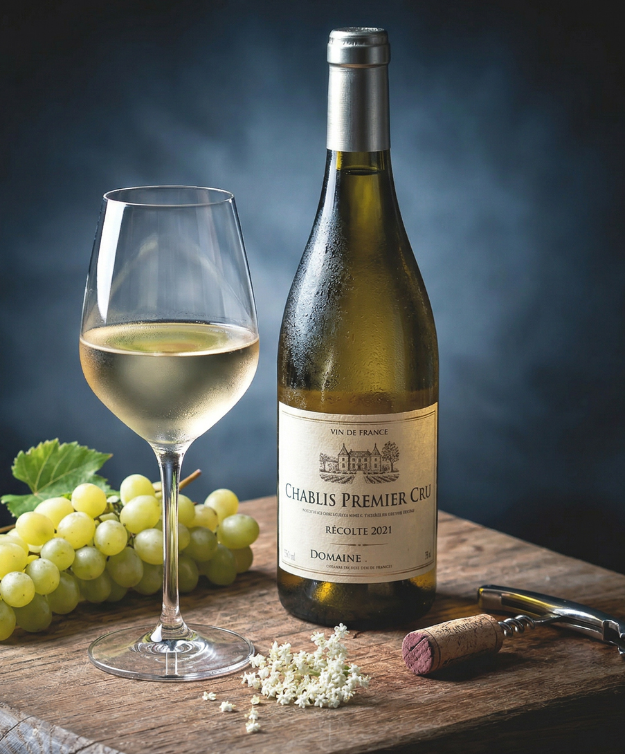 Flasche Weißwein mit Trauben auf einem Tisch