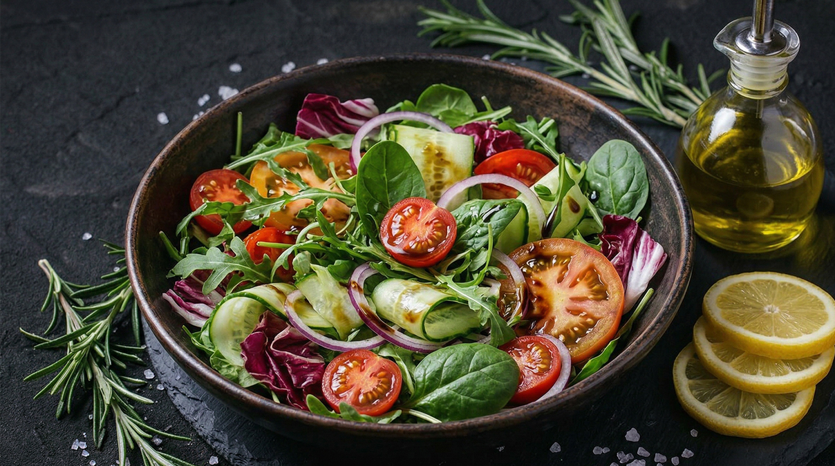 Salatschüssel mit frischen Tomaten und Zwiebeln